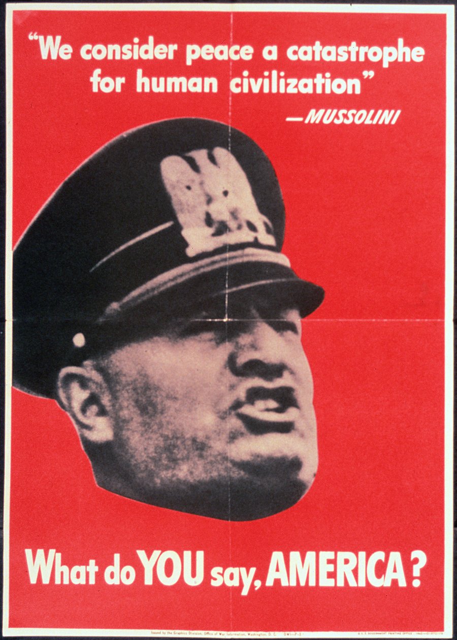 "What do YOU say AMERICA?", US 2. világháborús plakát Mussolini arcával, Anon, 1942 körül alkotó: American School