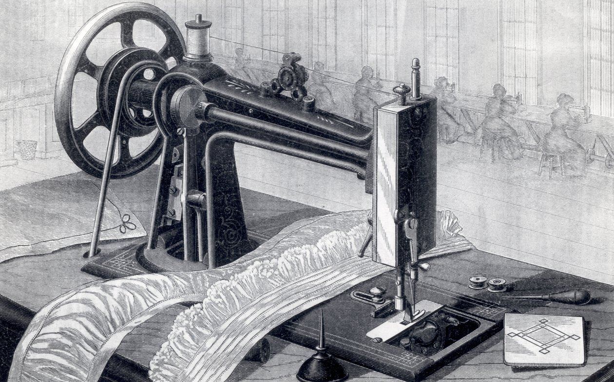 Wilson varrógép, amely ékszíjhajtást mutat a taposóból és az olajos kannából, a Park Benjamin Appletons Cyclopedia of Applied Machines 1880-as kiadásában alkotó: American School