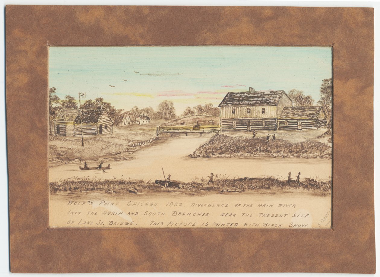 Farkashegy 1832-ben, a főfolyó északi és déli ágaiba való elágazása (akvarell) alkotó: American School