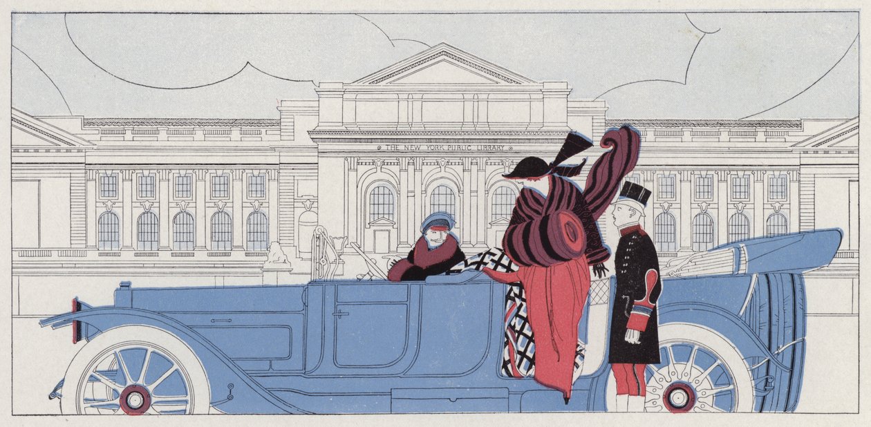Egy nő beleszeret a sofőrjébe, jelenet J. A. Waldron Taking Chances című novellájából (színes litográfia). alkotó: American School