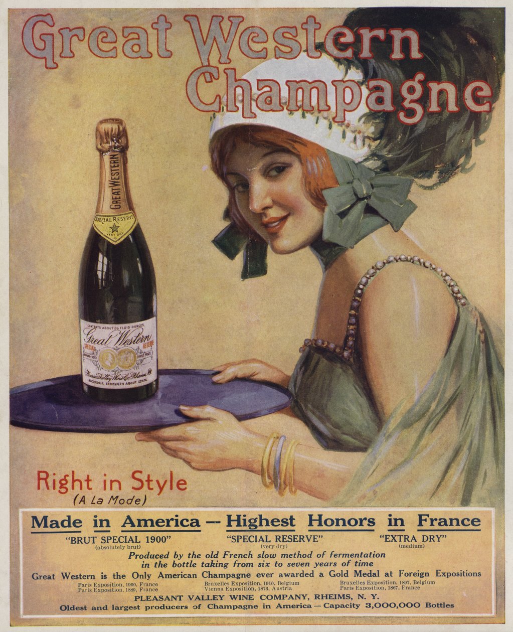 Fiatal nő egy üveg pezsgővel, a Great Western Champagne reklámja (színes litográfia) alkotó: American School