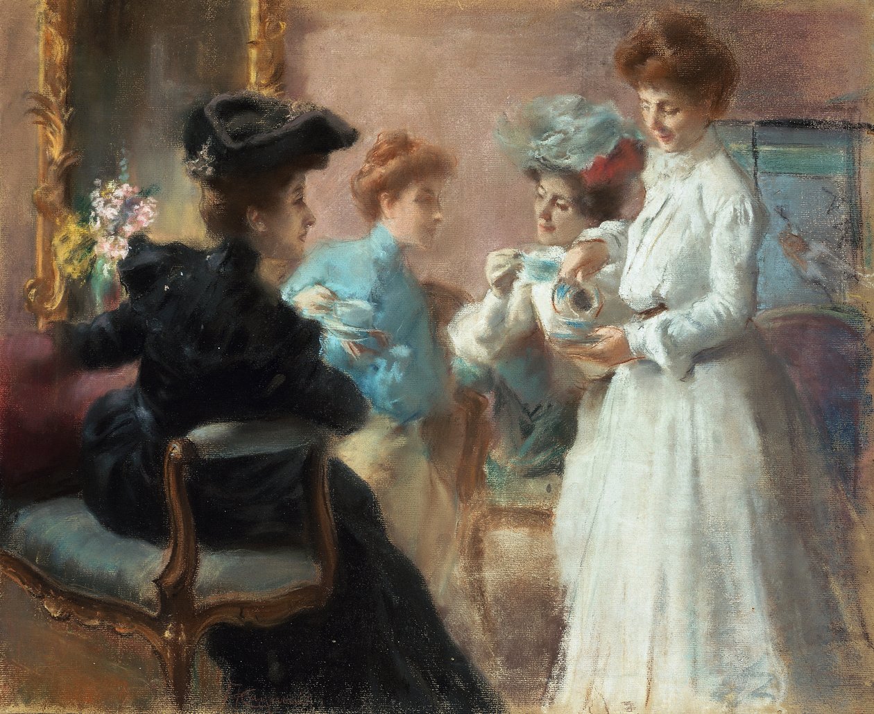 Teatime a Via Senato-i nappalimban, Amerino Cagnoni (1853-1923), pasztell, vászonra festett papír, 48x56,5 cm alkotó: Amerino Cagnoni