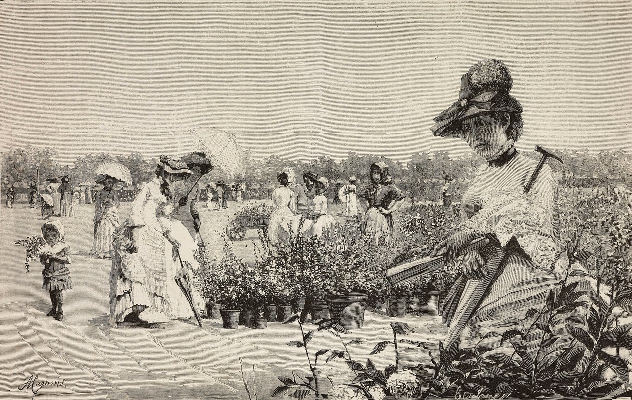 Nők sétálnak Brerában, Milánóban, Olaszországban, metszet Amerino Cagnoni (1853-1923) Maggio (május) című festményéről, L