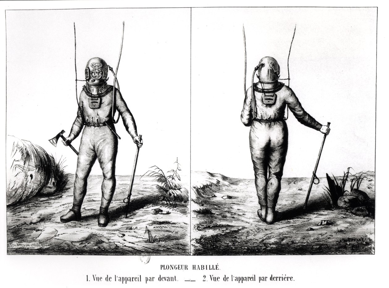 Mélytengeri búvár, Scaphandre illusztrációja, Apparatus de Plongeur Cabirol, Joseph-Martin Cabirol, kiadta Párizs 1855-ben (bw fotó) alkotó: Amicar de Lafage