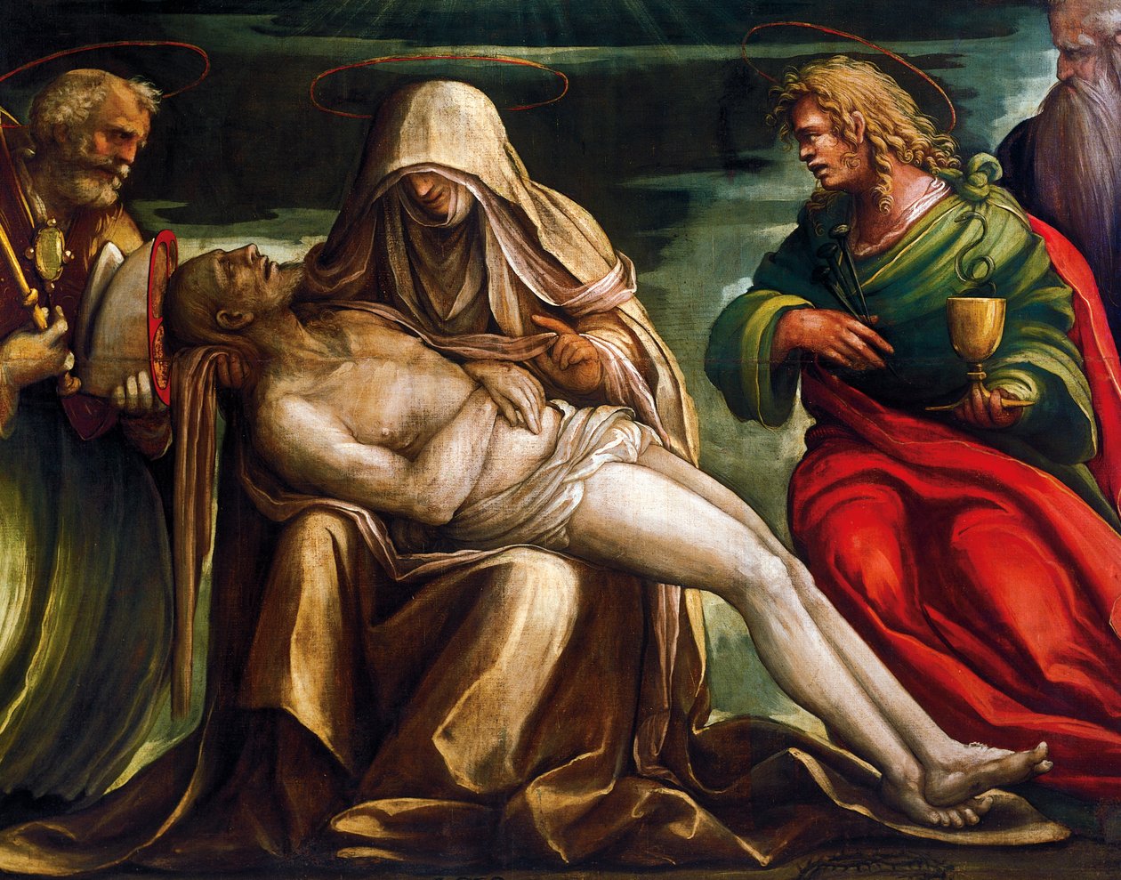 Pieta Szent Márkkal, Ambrusszal, János evangélistával, Szent Antal apáttal, Amico Aspertini, 1519 körül, tempera, vászon alkotó: Amico Aspertini