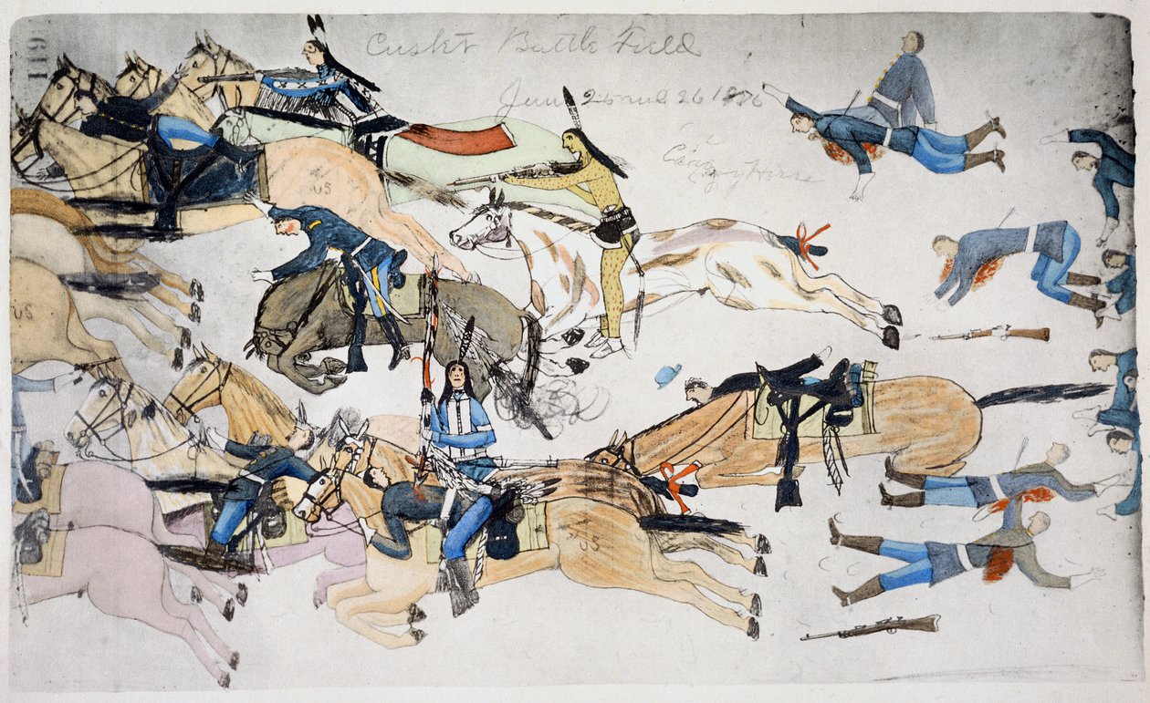 Little Bighorn-i csata, Montana, USA, 1876. június 25-26. c1900 alkotó: Amos Bad Heart Buffalo