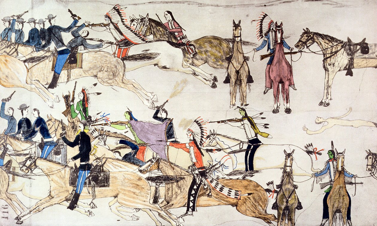 Little Bighorn-i csata, Montana, USA, 1876. június 25-26. c1900 alkotó: Amos Bad Heart Buffalo