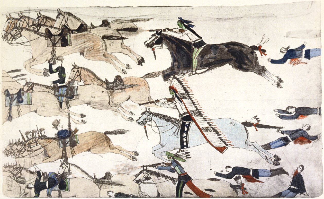 Little Bighorn-i csata, Montana, USA, 1876. június 25-26. c1900 alkotó: Amos Bad Heart Buffalo