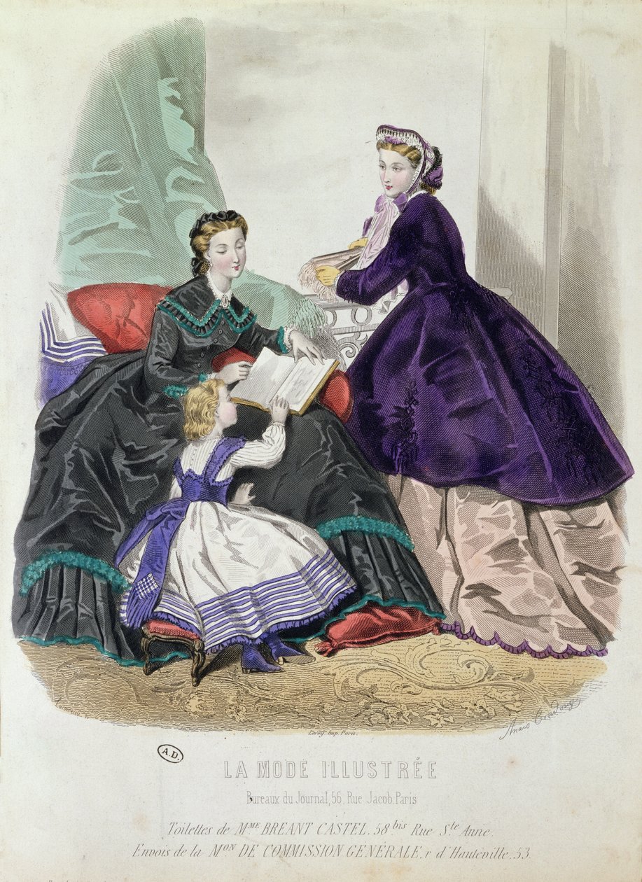 Divattábla Madame Breant-Castel által tervezett ruhákkal, a „La Mode Illustree”-ből, 1864 (színes gravírozás) alkotó: Anais Toudouze