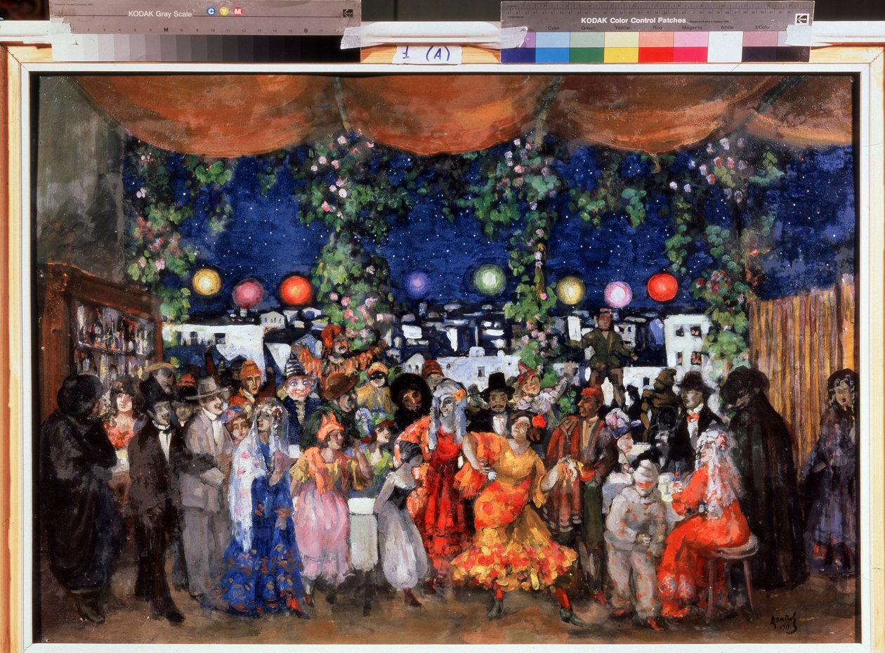 Karnevál Spanyolországban (Karnevál Spanyolországban). Anatolij Afanaszjevics Arapov (1876-1949) festménye. Olaj, karton, 68,5 x 98,5 cm alkotó: Anatoli Afanasyevich Arapov