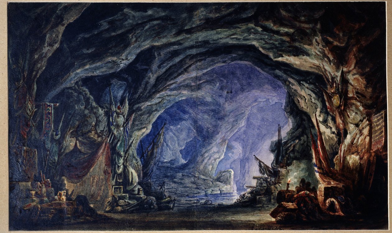 Adolphe Adam (1803-1856) Le Corsaire című balettjének előkészítő dekorációja (A. Adam balett-korzár színpadterve). A korzárok tengeri barlangja, ahol felhalmozzák zsákmányukat és mindenféle nyereményüket (rongyok, edények, fegyverek). Ó alkotó: Anatoli Fedorovich Geltser