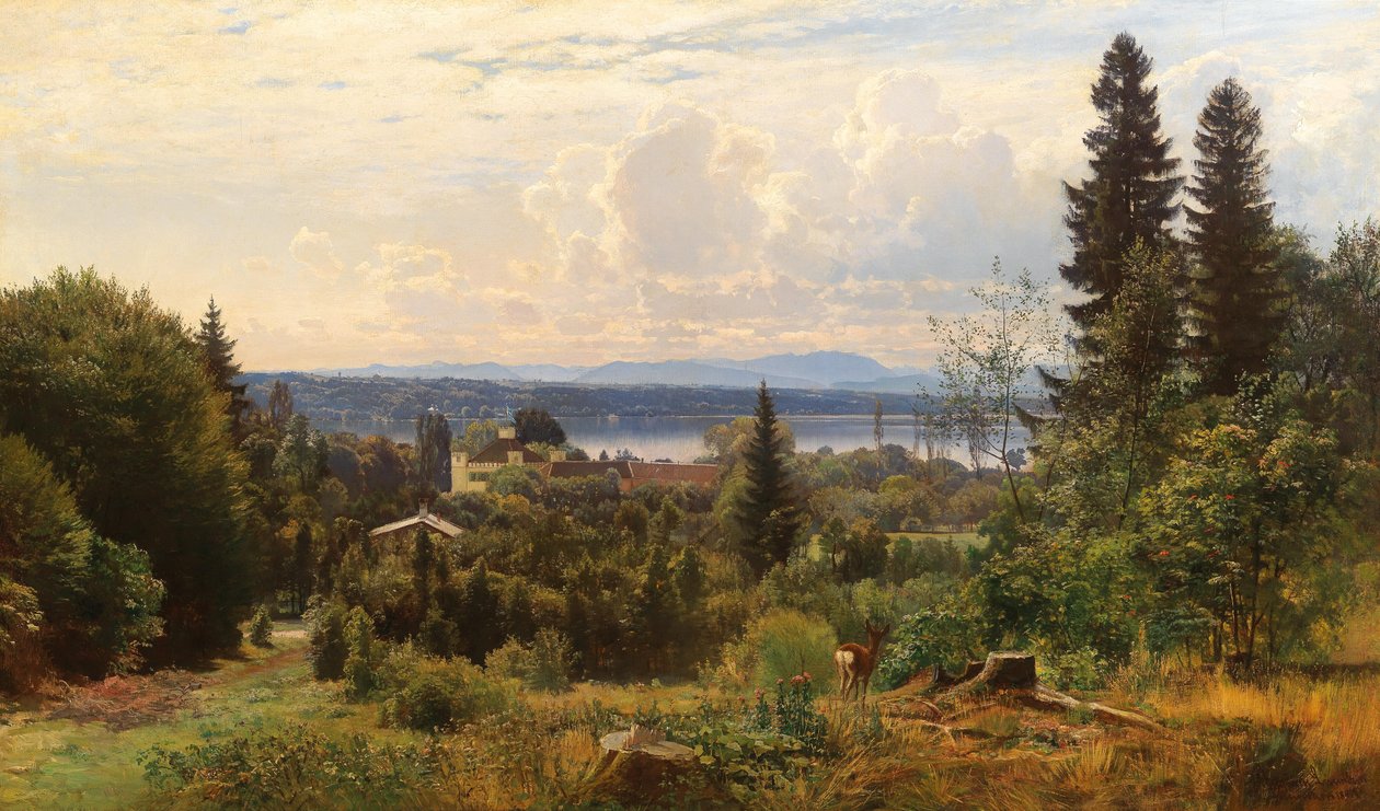 A nyári nap a Starnberg -tavon, a Possenhofen -kastély az előtérben alkotó: Anders Andersen Lundby