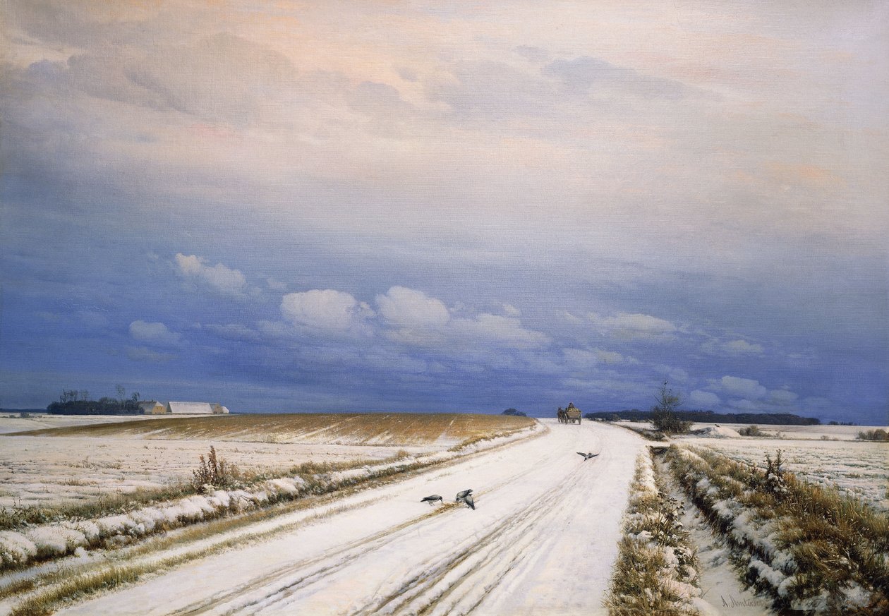 Téli táj lóval és szekérrel, alkotó: Anders Andersen Lundby