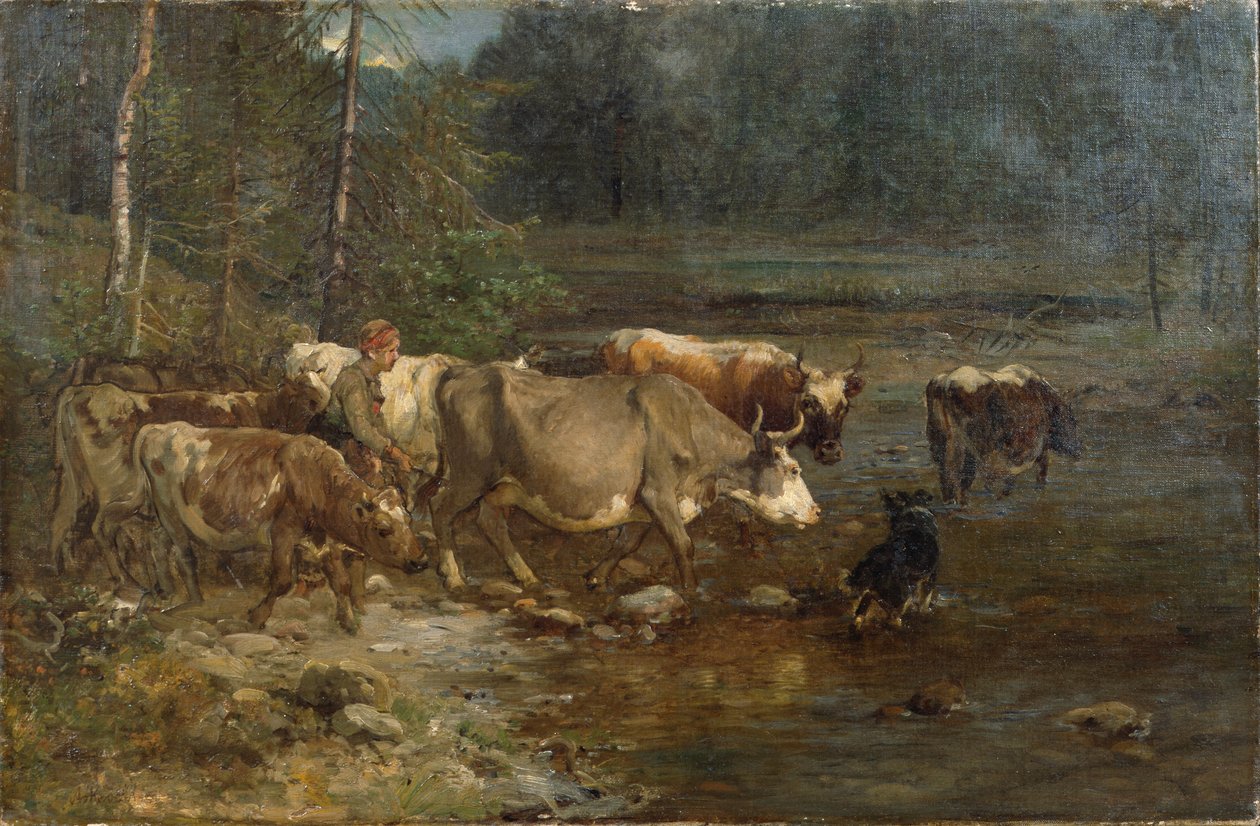 Tejhölgy és tehenek a vízállásnál (festmény) alkotó: Anders Askevold