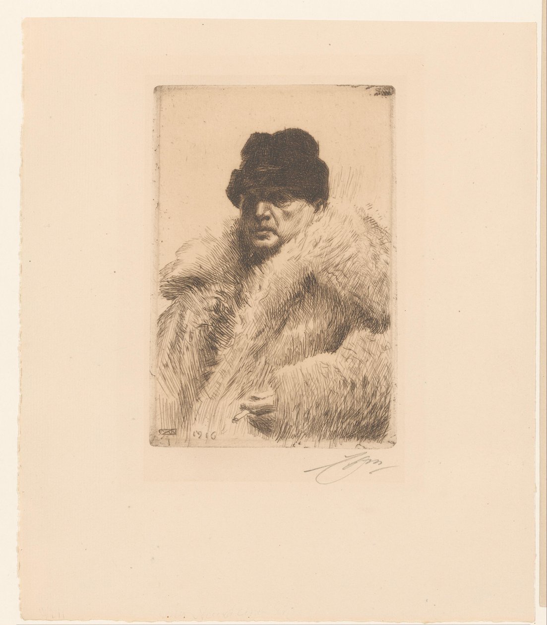 Önarckép szőrmével és kalappal alkotó: Anders Leonard Zorn (signed by artist)
