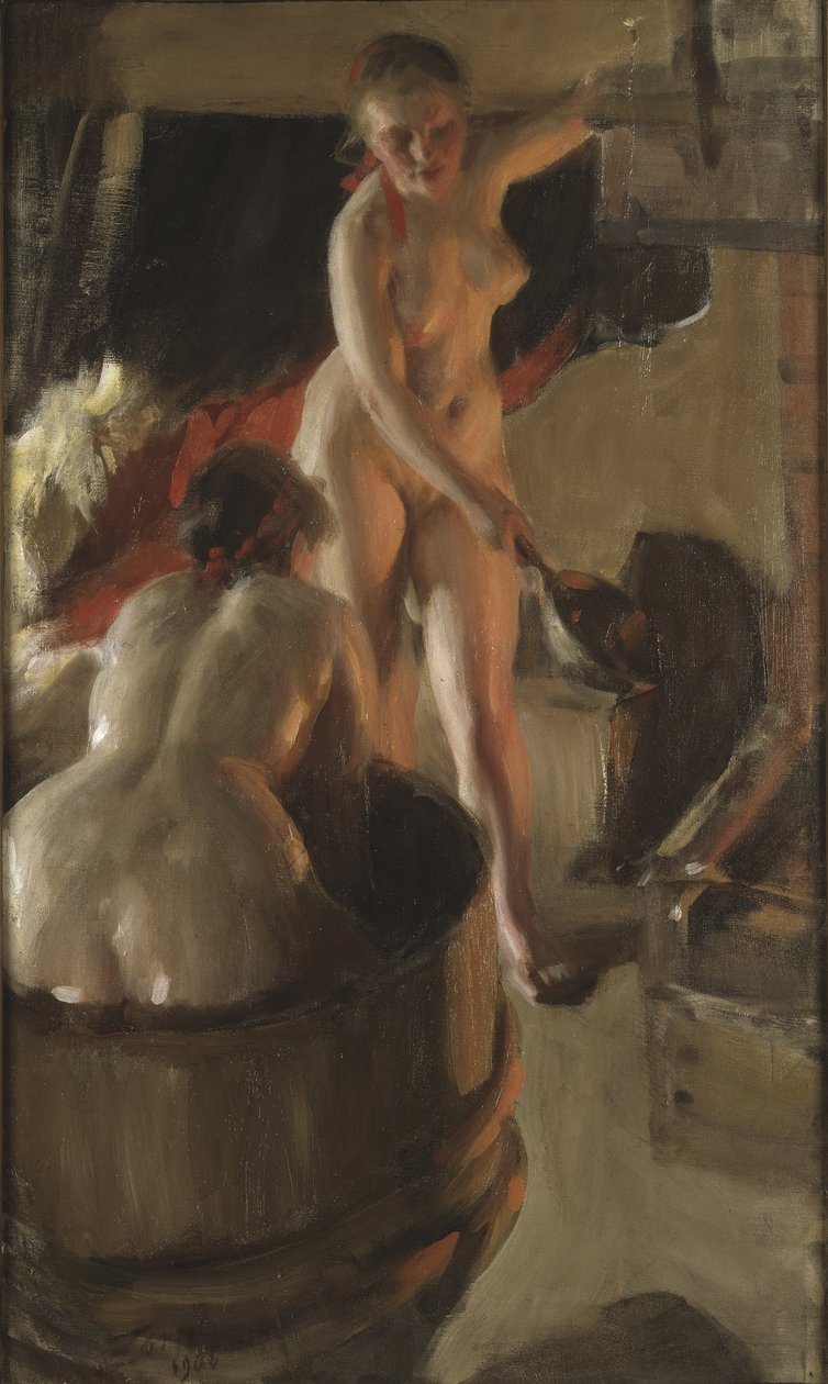 Filles de Dalecarlie prenant un bain – Dalarnai lányok fürdőzve, Zorn, Anders Leonard (1860-1920). Olajfestmény alkotó: Anders Leonard Zorn