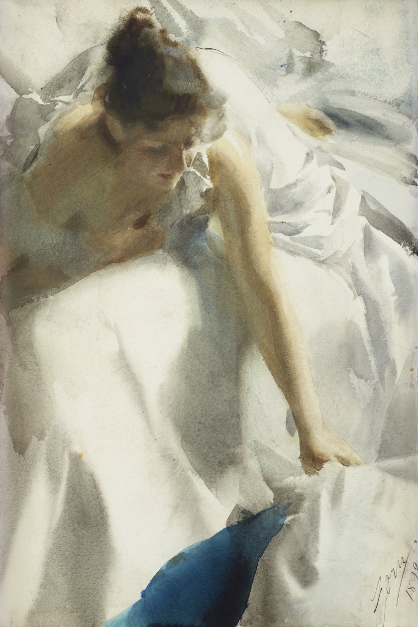 ""Reveil, boulevard Clichy, Paris"" (Ébredés, Boulevard Clichy) Fiatal lány negligee-ben - Anders Leonard Zorn akvarellje (1860-1920) 1892 Magángyűjtemény alkotó: Anders Leonard Zorn