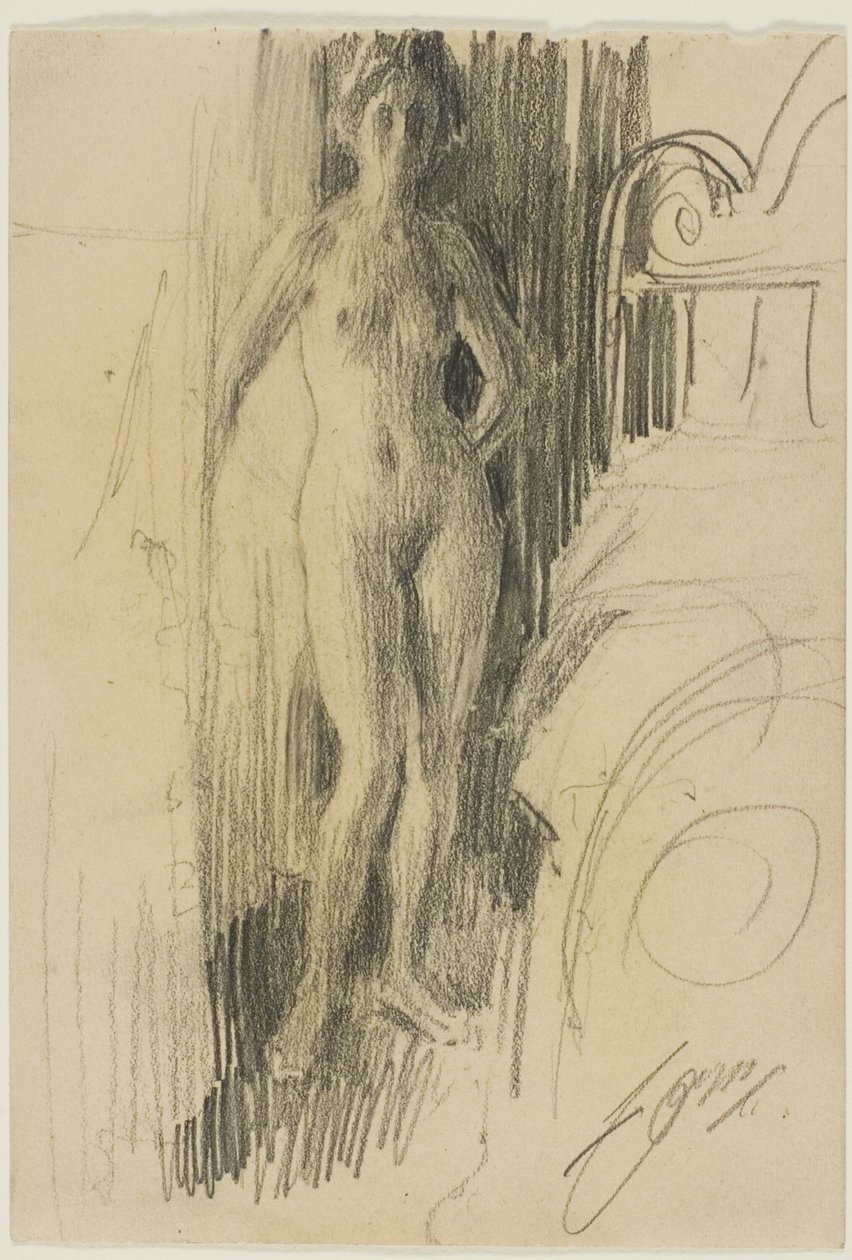 Ágy mellett álló meztelen figura alkotó: Anders Leonard Zorn