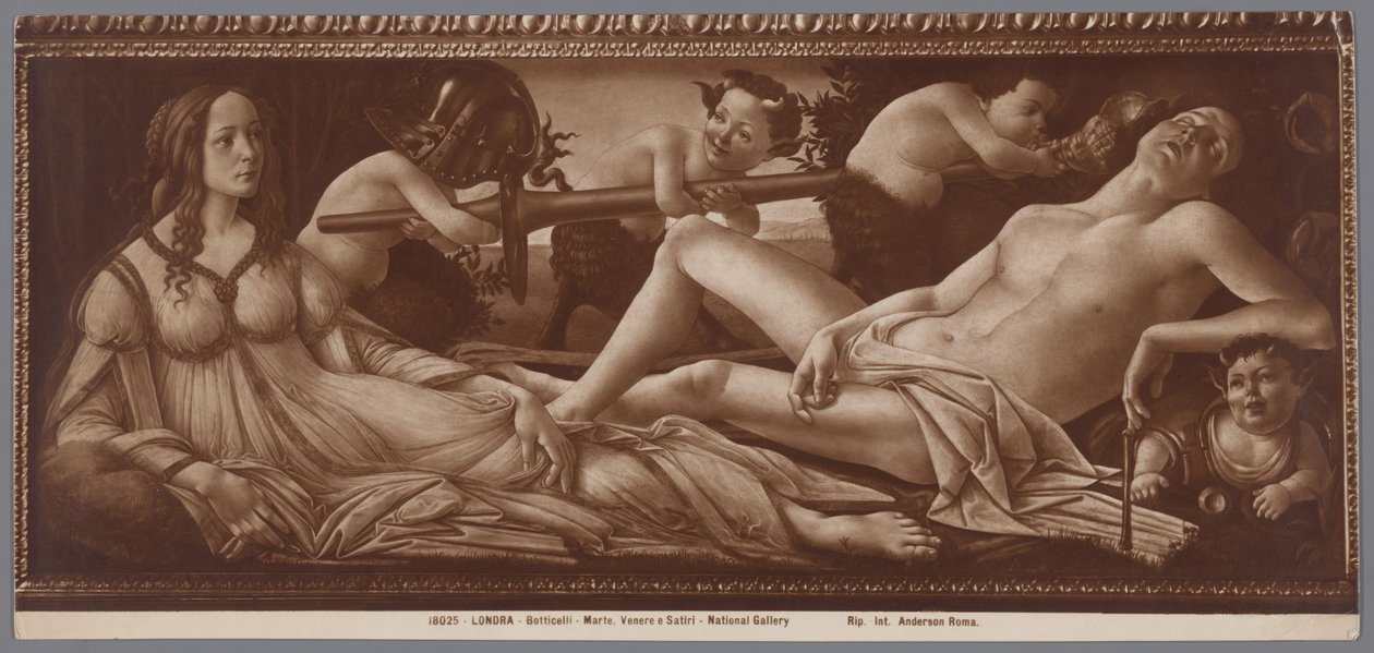 Sandro Botticelli Vénusz és Mars című festményének fotóreprodukciója Londra, Botticelli, Marte, Venere e Satiri, Nemzeti Galéria (cím a tárgyon) alkotó: Anderson (firma)