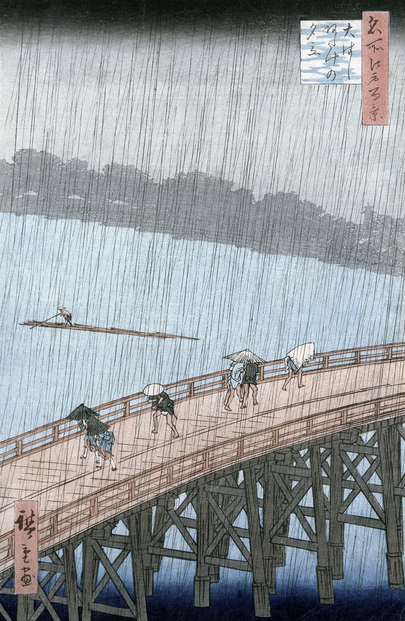 Hirtelen zápor a Shin-Ohashi hídon és az Atake felett (Ohashi Atake no Yudachi), a „Meisho Edo Hyakkei” (Edo száz híres képe) sorozatból (színes fatömbnyomat) alkotó: Utagawa Hiroshige