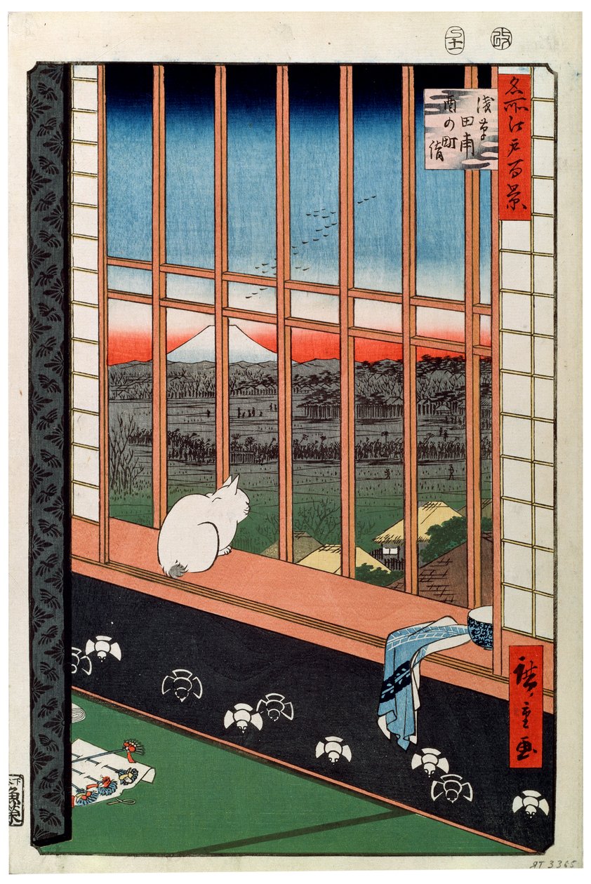 Egy macska ül az ablakülésen, 19. század alkotó: Ando Hiroshige