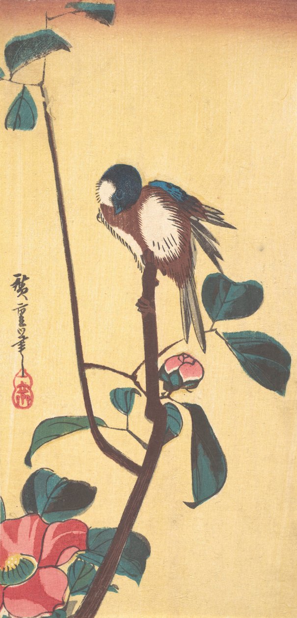 Kamélia és kékfejű madár, kb. 1833., kb. 1833. alkotó: Ando Hiroshige