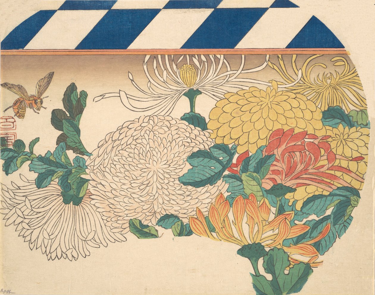 Krizantémok legyező alakú kivitelben, 1840-es, 1840-es évek. alkotó: Ando Hiroshige