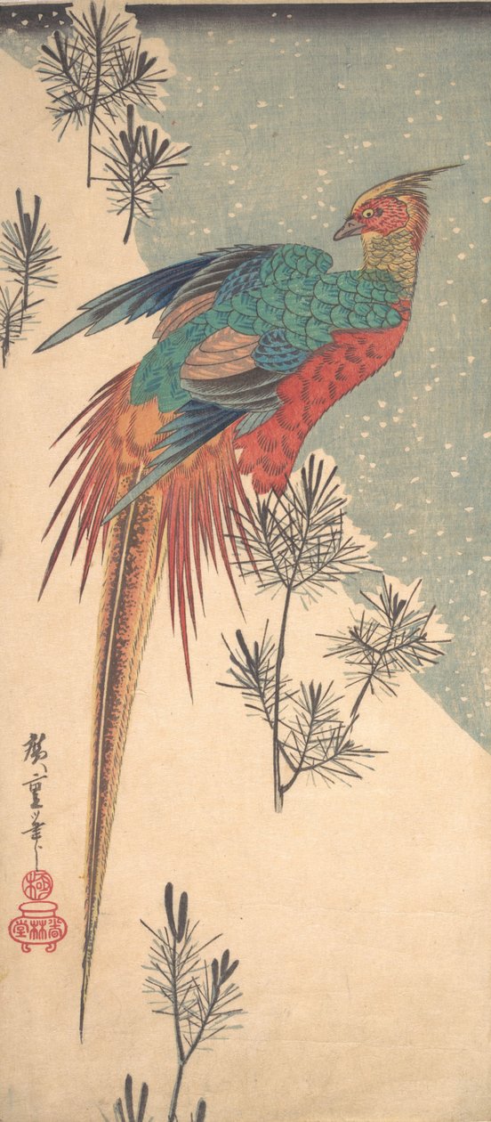 Arany fácán és fenyő hajtások hóban, kb. 1835., kb. 1835. alkotó: Ando Hiroshige