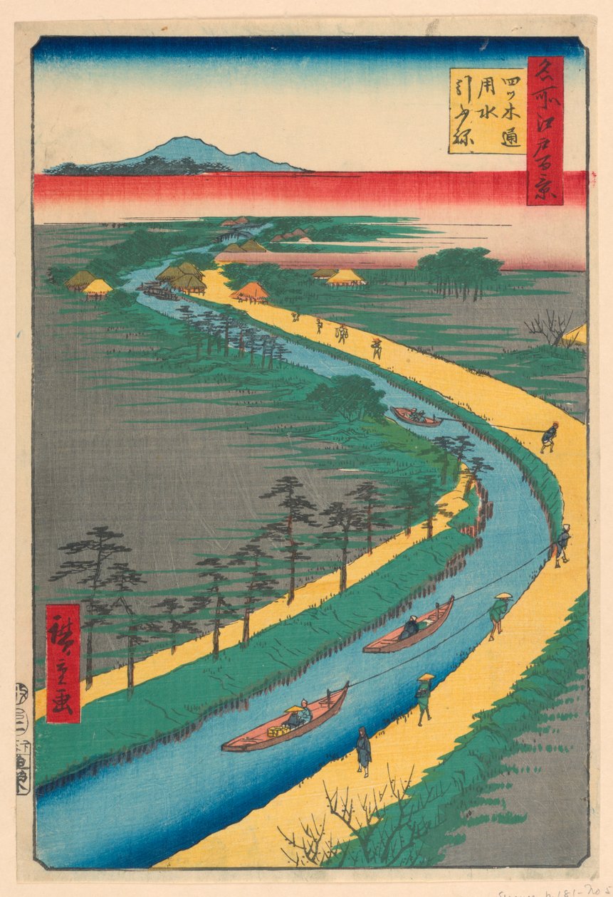 Csatornahajók vontatása, Yotsugi Road (Yotsugi-dori, yosui hikifune) a Száz sorozatból Edo híres kilátásai alkotó: Ando Hiroshige