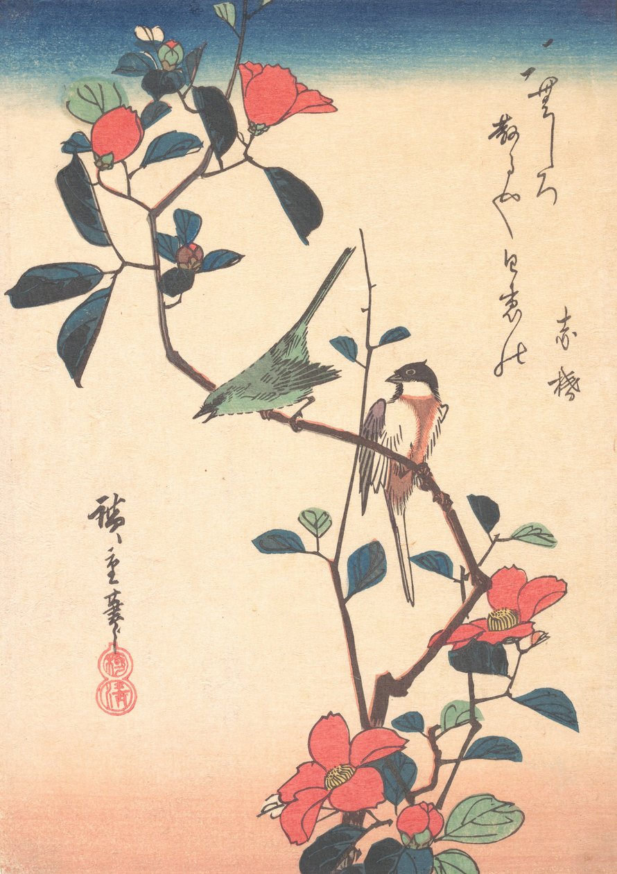 Japán fehérszem és cinege kaméliaágon, kb. 1840., kb. 1840. alkotó: Ando Hiroshige