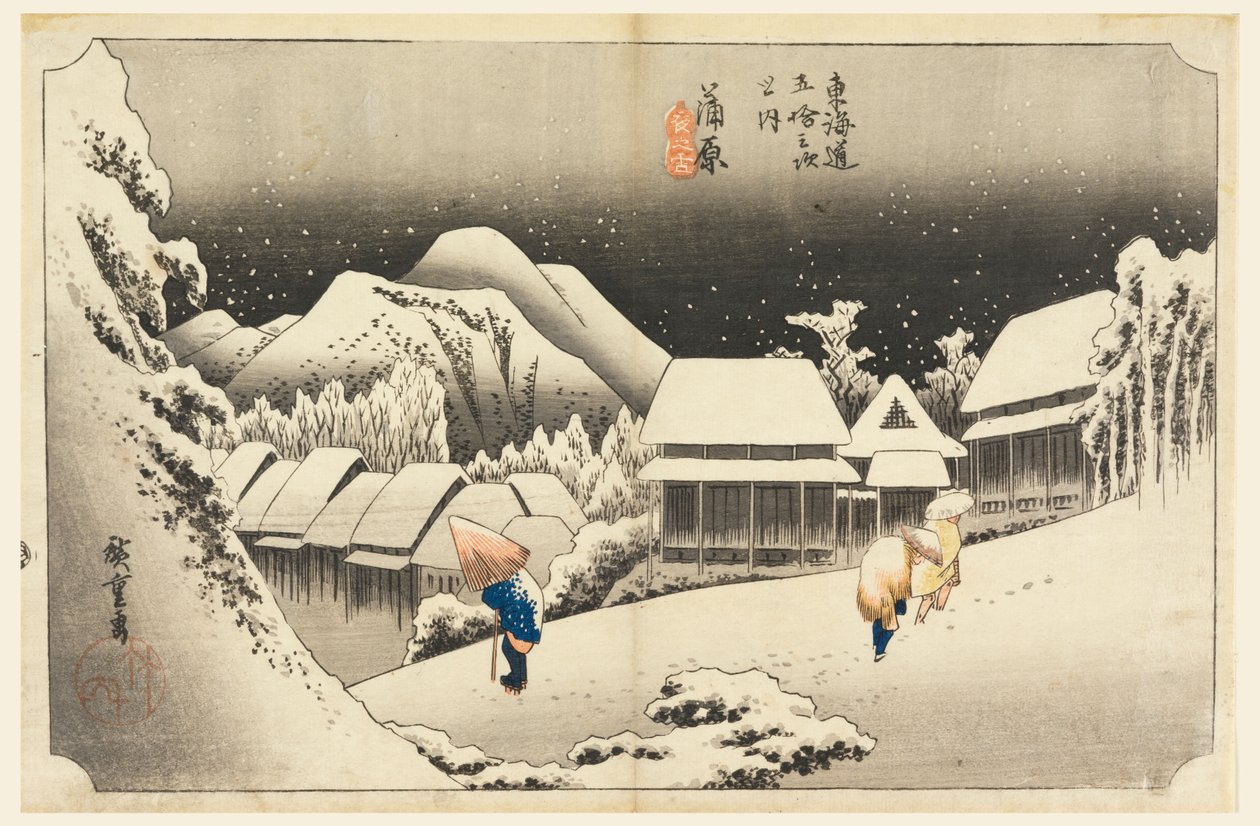 Kambara, hó alkonyatkor, a Tokaido út ötvenhárom állomásán (Tokaido Gojusan Tsugi-no Uchi) alkotó: Ando Hiroshige
