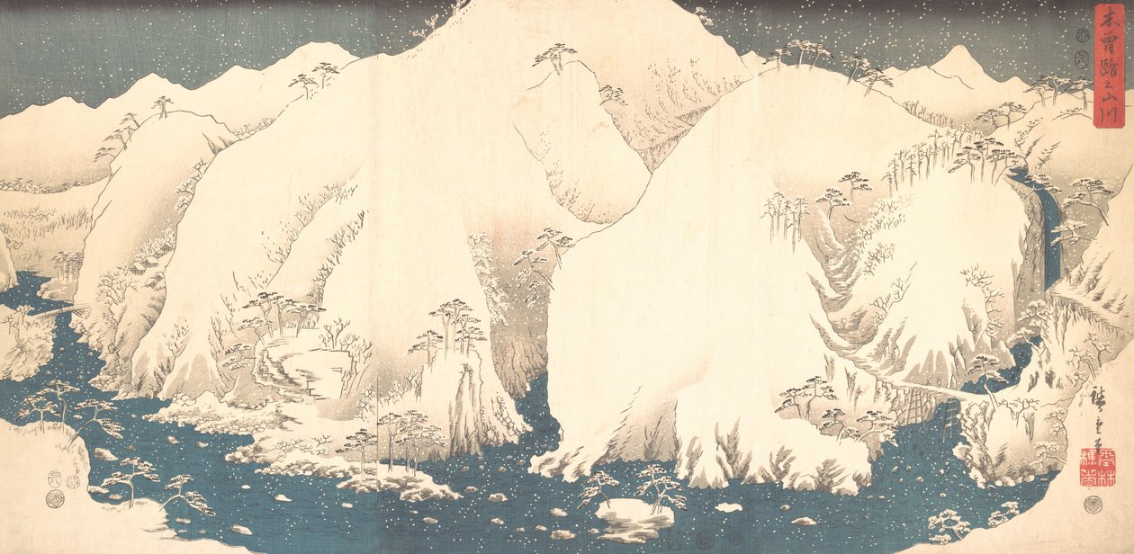 Kiso-hegység hóban, 1857., 1857. alkotó: Ando Hiroshige