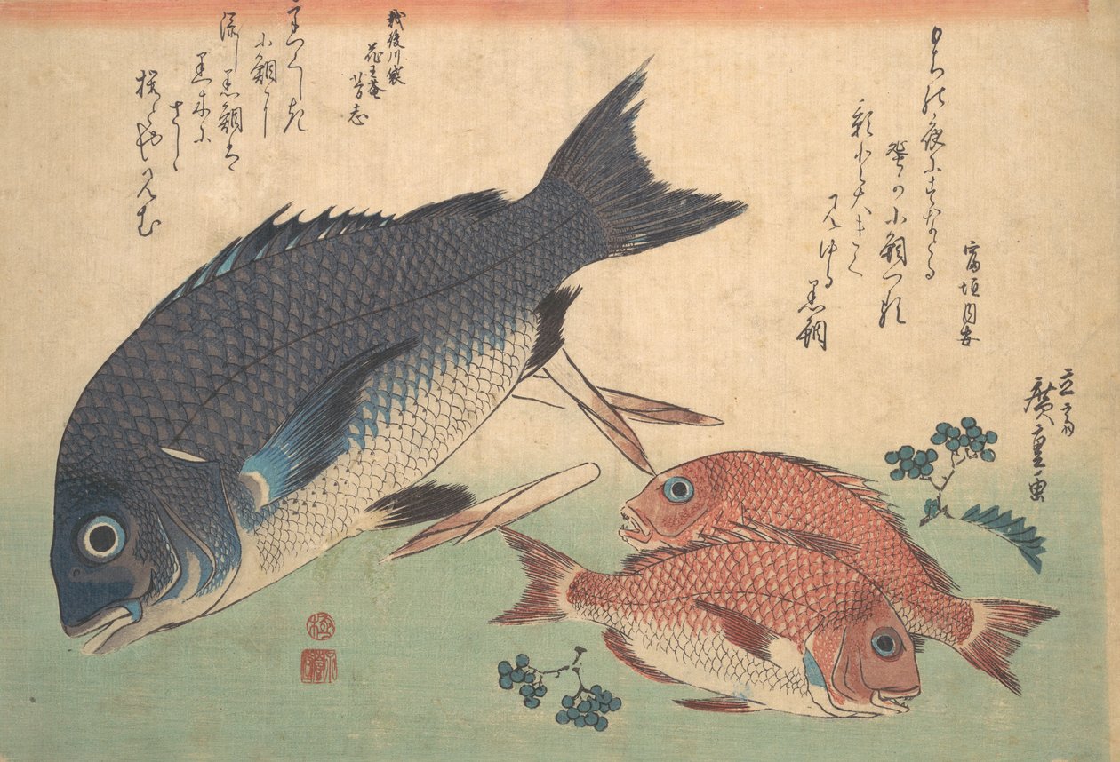 Kurodai és Kodai hal bambuszrügyekkel és bogyókkal, az Uozukushi Every V... sorozatból, 1830-as évek. alkotó: Ando Hiroshige