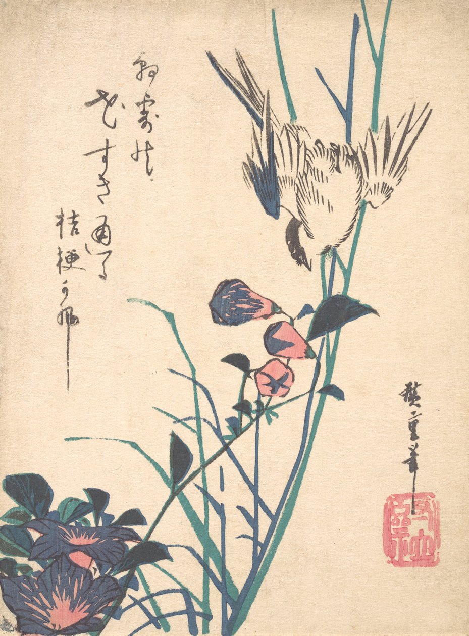 Nagyvirágú Flat Bill és Sparrow, kb. 1833., kb. 1833. alkotó: Ando Hiroshige