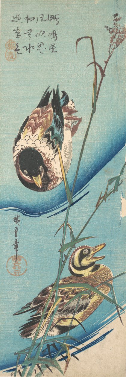 Tőkés récék és hóval borított nádasok, kb. 1843., kb. 1843. alkotó: Ando Hiroshige