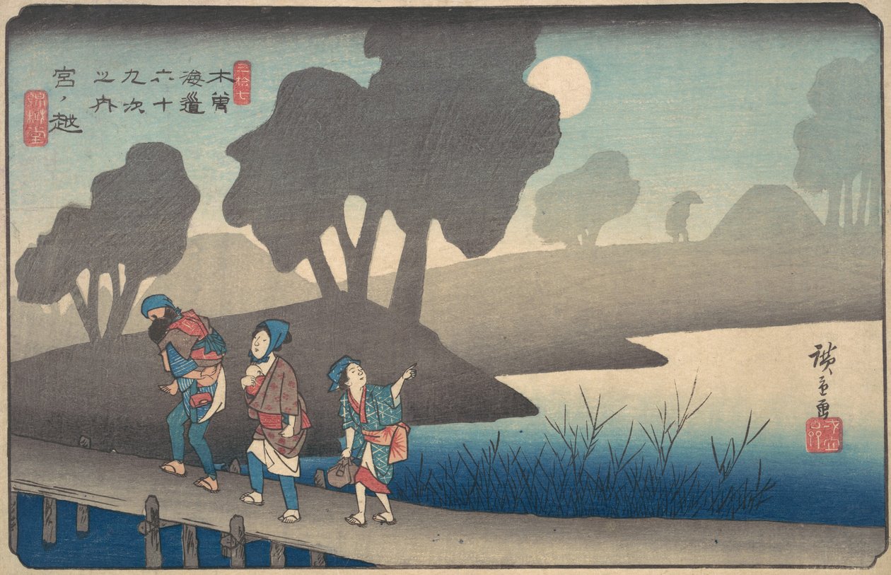 Holdfényes éjszaka Miyanokoshiban, a Kisokaido hatvankilenc állomásából, kb. 1838., kb. 1838. alkotó: Ando Hiroshige