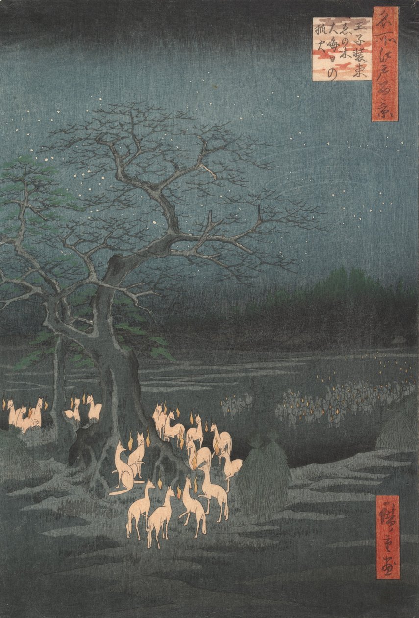 Szilveszter rókatüzek a változó fánál, Oji, kb. 1857., kb. 1857. alkotó: Ando Hiroshige