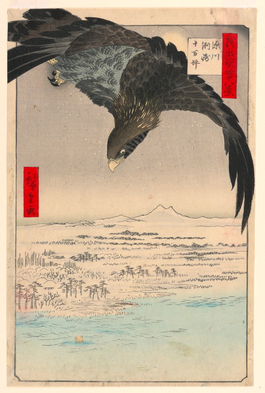 Fájdalom Suzaki Fukagawánál (A rakomány Susaki, Juman-tsubo) A sorozat hegygerincétől, Edo nézetei alkotó: Ando Hiroshige