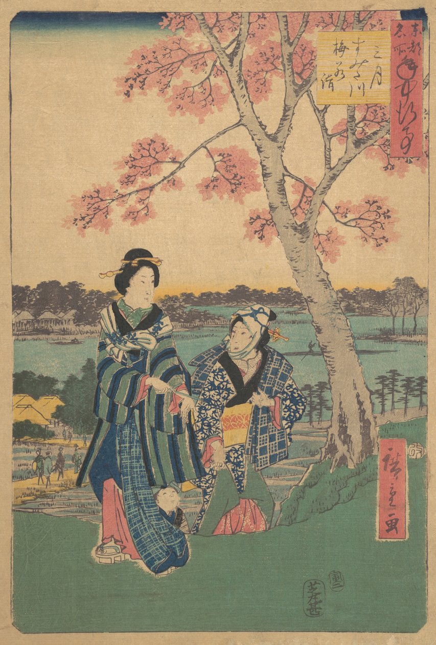 Szilvavirágnézés a harmadik hónapban a Sumida folyónál az Annual Events at F... sorozatból, 1854. alkotó: Ando Hiroshige