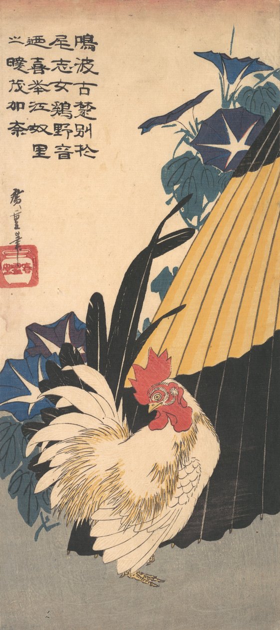 Rooster, Umbrella, and Morning Glories, kb. 1830., kb. 1830. alkotó: Ando Hiroshige