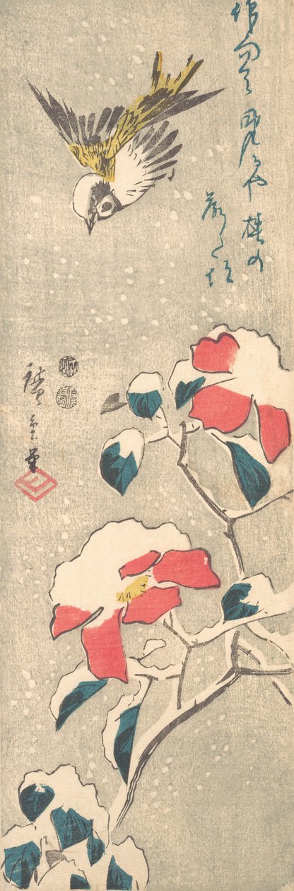 Veréb és hóval borított Camellia Tsubaki, kb. 1845., kb. 1845. alkotó: Ando Hiroshige