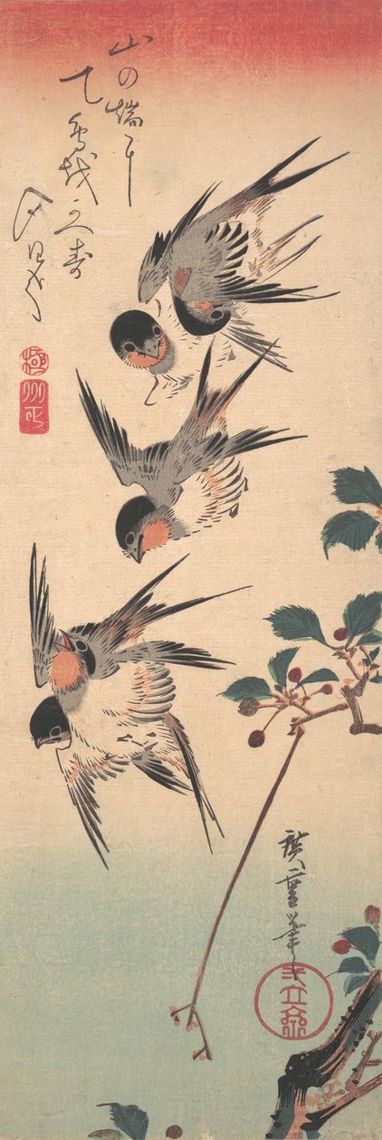 Fecskék és bimbózó vadcseresznye, kb. 1835., kb. 1835. alkotó: Ando Hiroshige