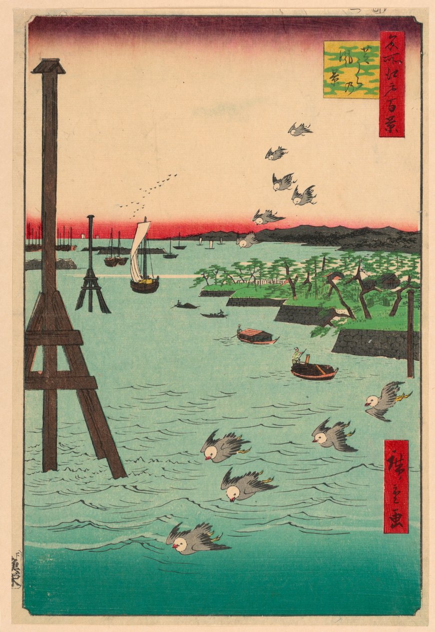 Kilátás a Shiba-partra (Shibaura no fukei) a Száz sorozatból Edo híres kilátásai alkotó: Ando Hiroshige