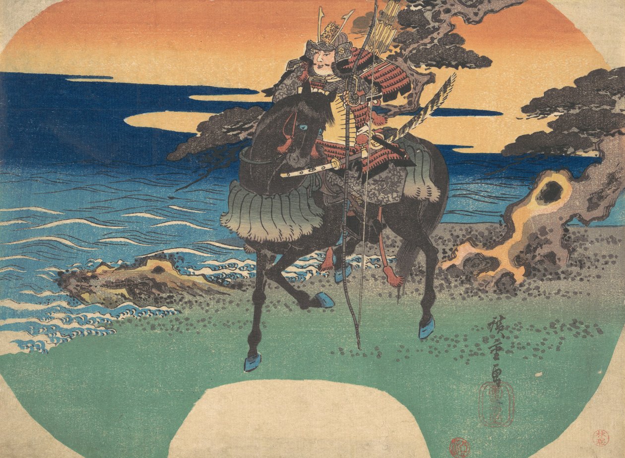 Fekete lovon lovagló harcos a tenger partján, kb. 1835., kb. 1835. alkotó: Ando Hiroshige
