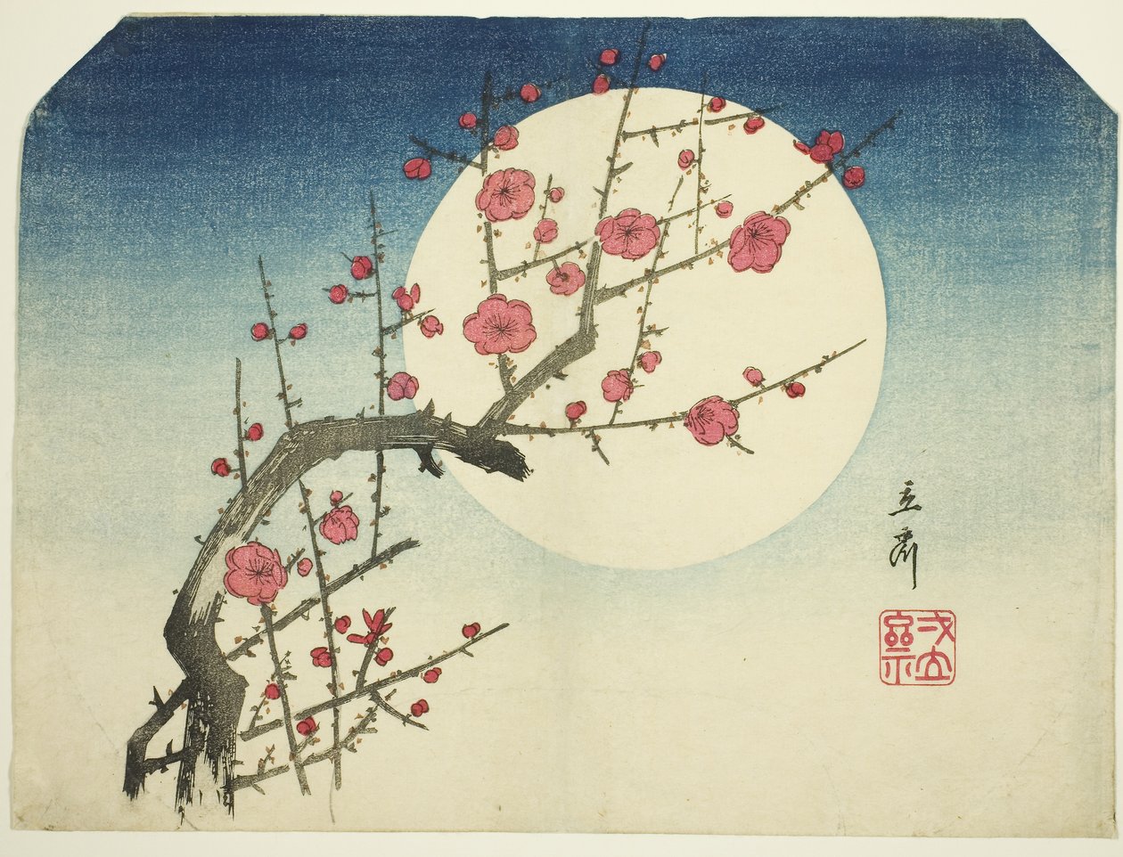 Vörös szilvaág a nyári hold ellen, 1840 körül (színes fatömbnyomat; uchiwa-e) alkotó: Ando or Utagawa Hiroshige
