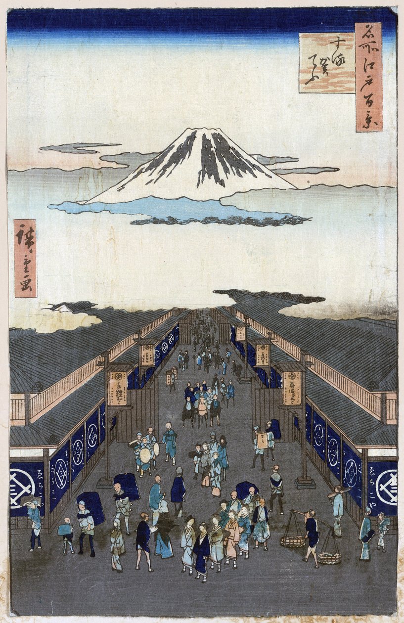 ""Edo száz híres képe""(jelenlegi Tokió): Surugacho képe (Suruga cho, Suruga-cho). Kilátás Tokió városára Japánban a Fuji-hegytel a háttérben. (Surugacho (Edo száz híres képe). Japán nyomat, Utagawa Hiroshige (1797-1858) alkotó: Ando or Utagawa Hiroshige