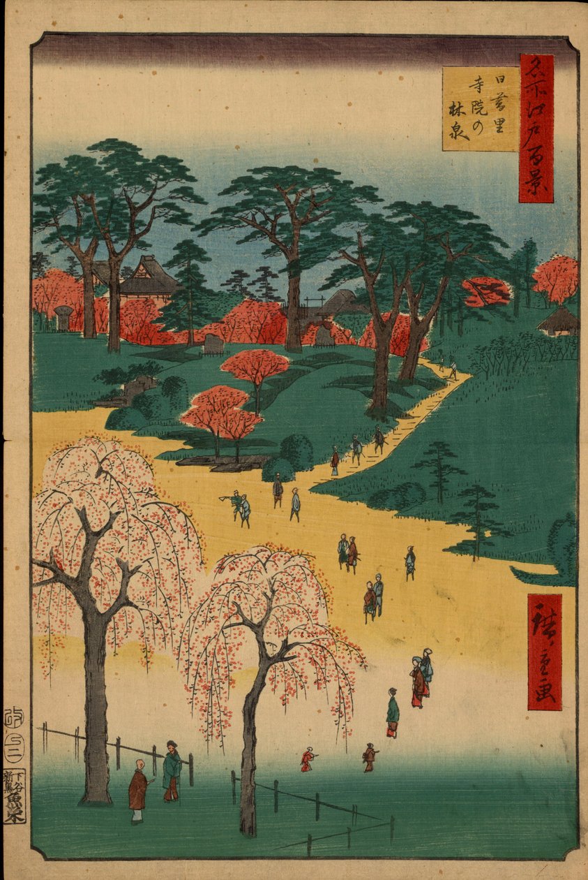 "Edo száz híres képe" (a mai Tokió): Templomkertek Nipporiban. Tokió városára Japánban. (Temple Gardens in Nippori (Edo száz híres képe). Utagawa Hiroshige (1797-1858) japán nyomatai alkotó: Ando or Utagawa Hiroshige