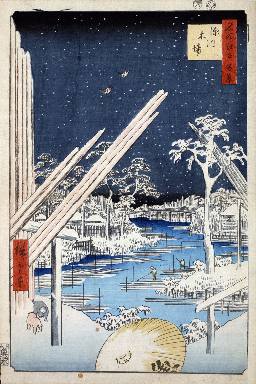 ""Edo száz híres képe"": Fatelep Fukagawában. Tokió városának kilátása Japánban (Fukagawa fatelepei (Edo száz híres képe). Utagawa Hiroshige (1797-1858) japán nyomatai alkotó: Ando or Utagawa Hiroshige