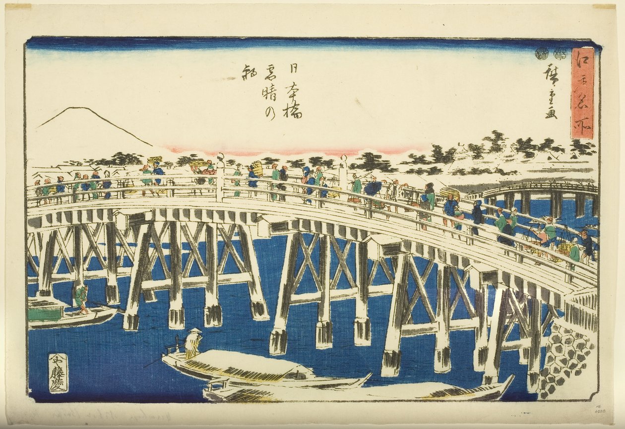 Tiszta reggel hó után a Nihonbashi-hídnál (Nihonbashi yukibare no asa) (színes fatömbnyomat) alkotó: Ando or Utagawa Hiroshige