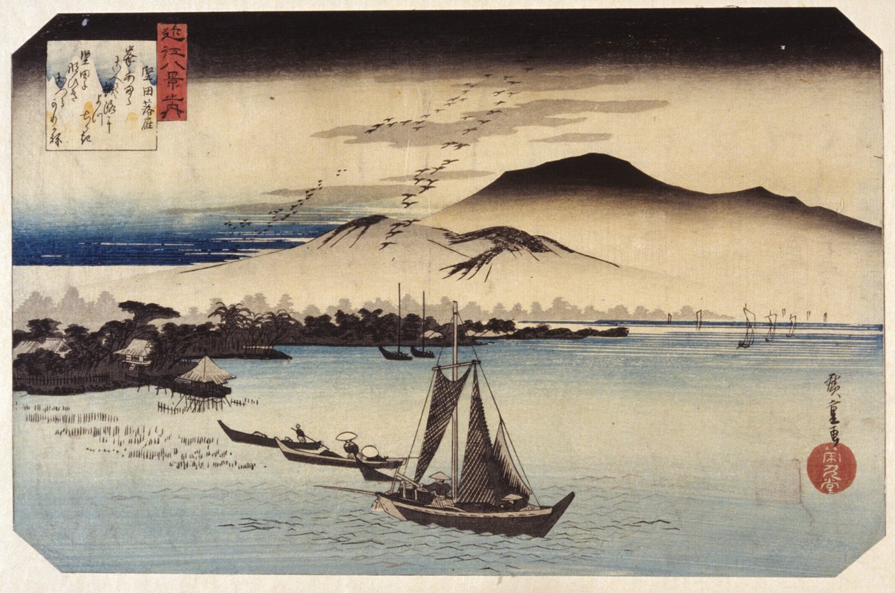 Descending Geese At Katada (színes fatömbnyomat) alkotó: Ando or Utagawa Hiroshige